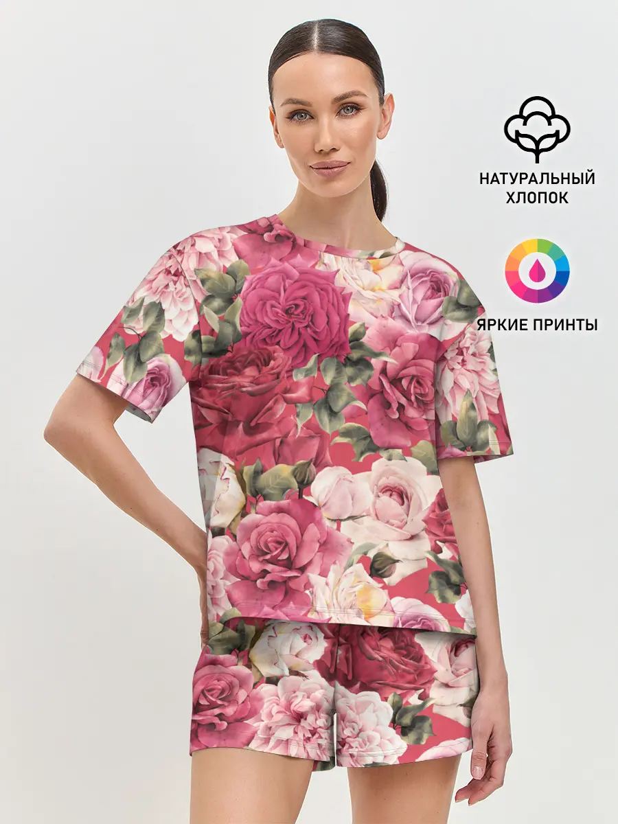 Женская пижама с шортами / Акварель, розы