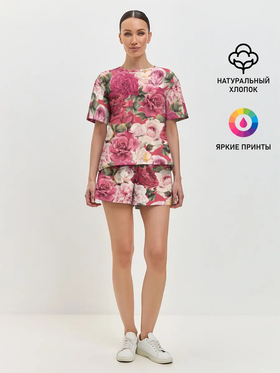 Женская пижама с шортами / Акварель, розы