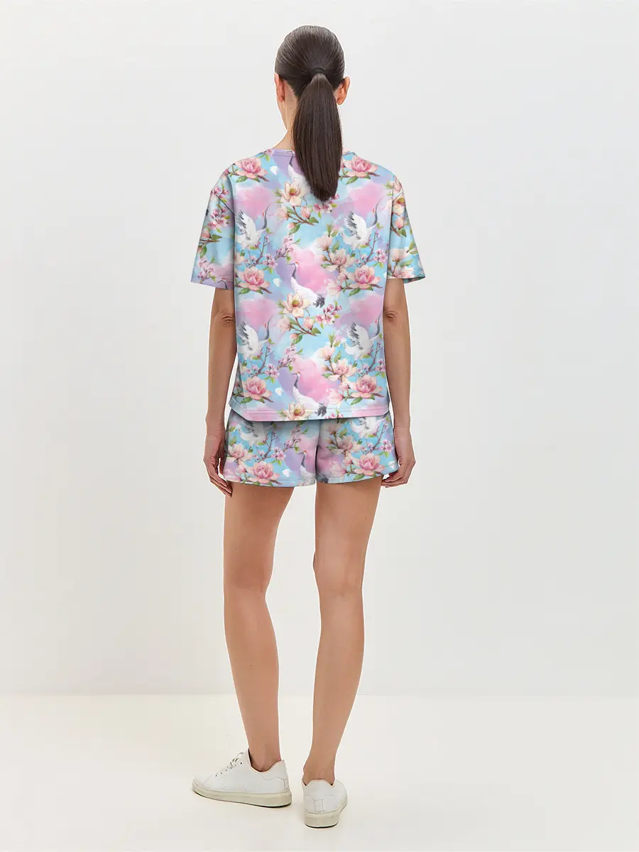 Женская пижама с шортами / Узор с журавлями