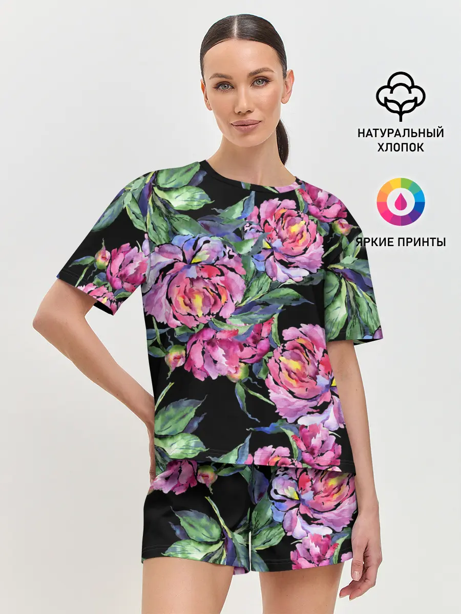 Женская пижама с шортами / Розовые пионы