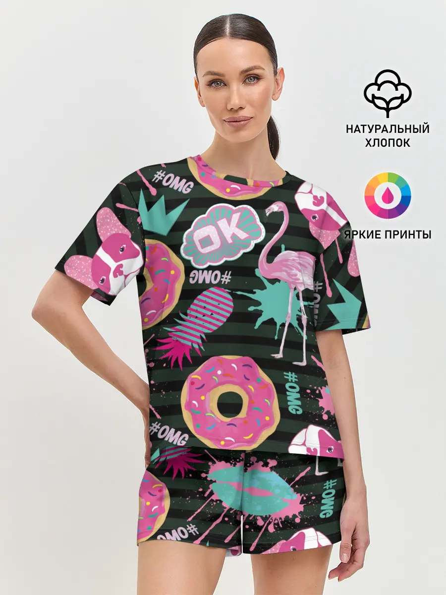 Женская пижама с шортами / Пончики, мопсы и фламинго.