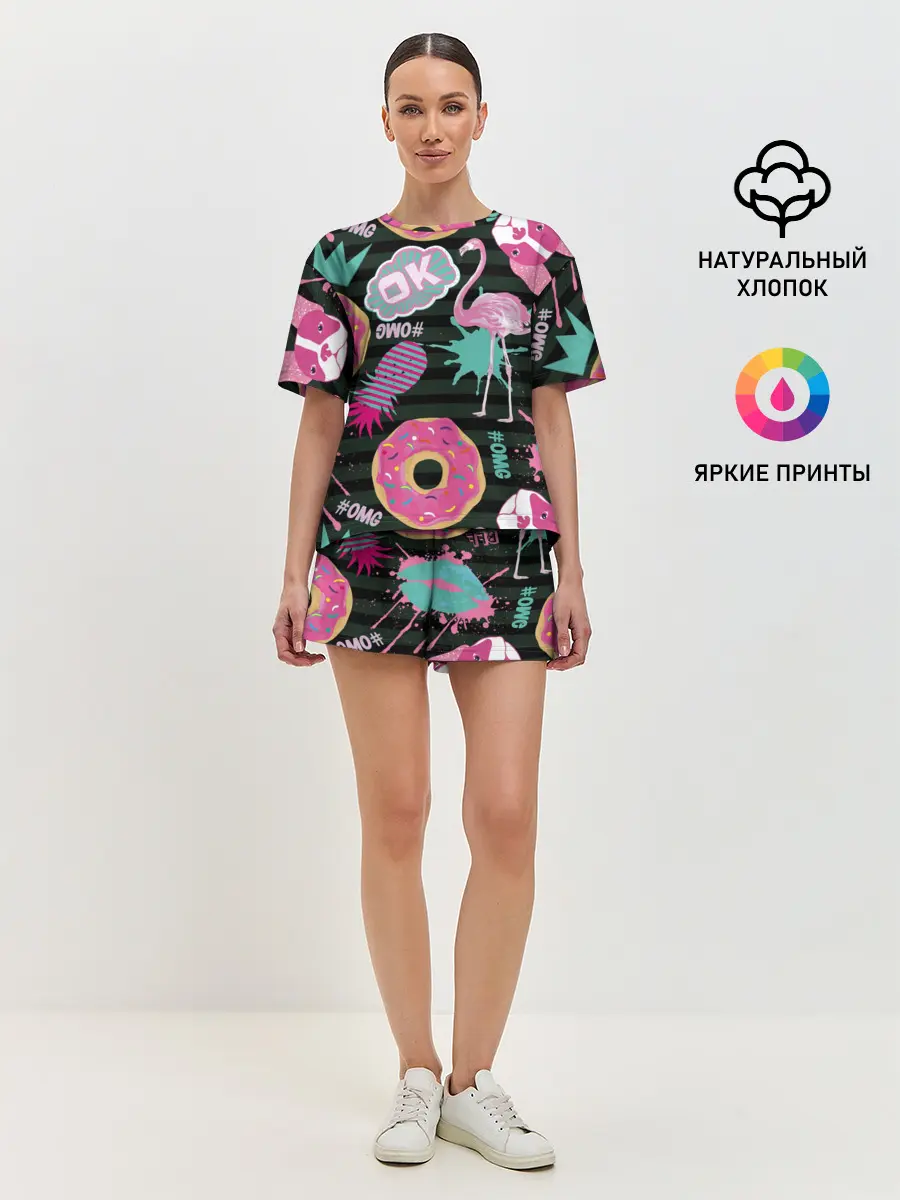 Женская пижама с шортами / Пончики, мопсы и фламинго.