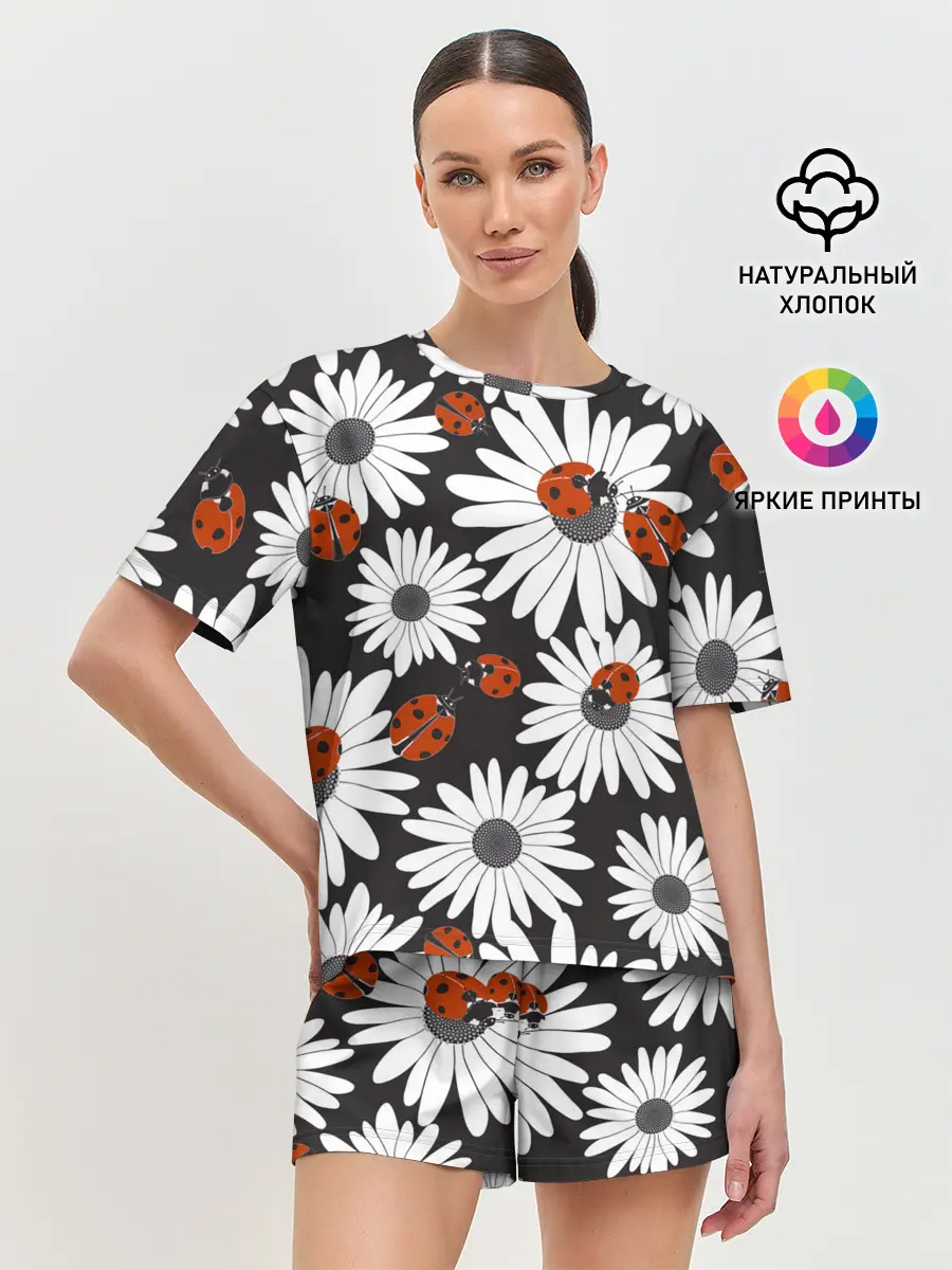 Женская пижама с шортами / Божьи коровки на ромашках