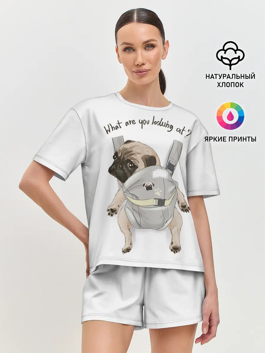 Женская пижама с шортами / Мопс в рюкзаке