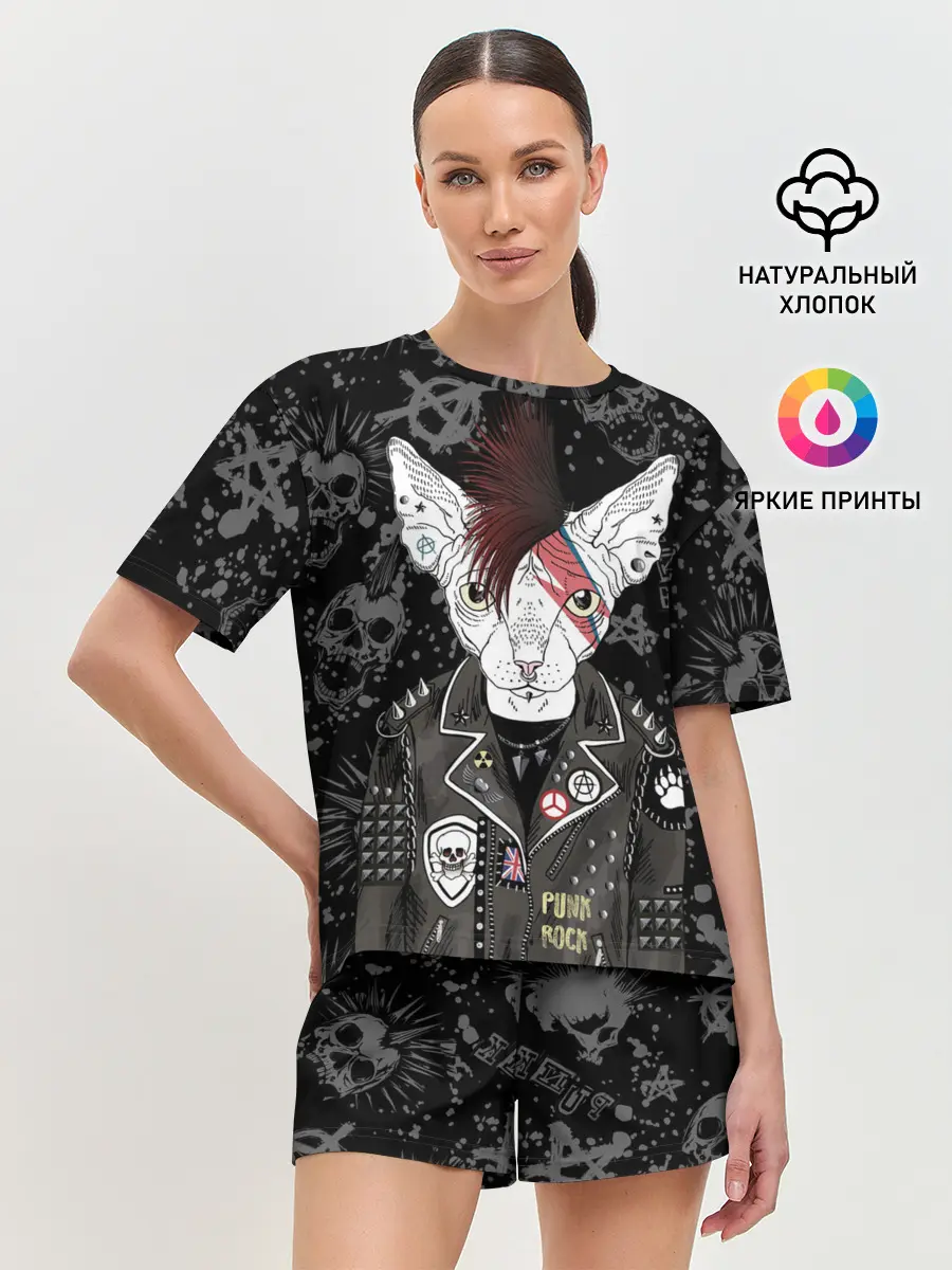 Женская пижама с шортами / Кот в косухе