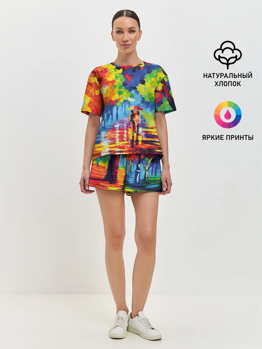 Женская пижама с шортами / Осенний бульвар