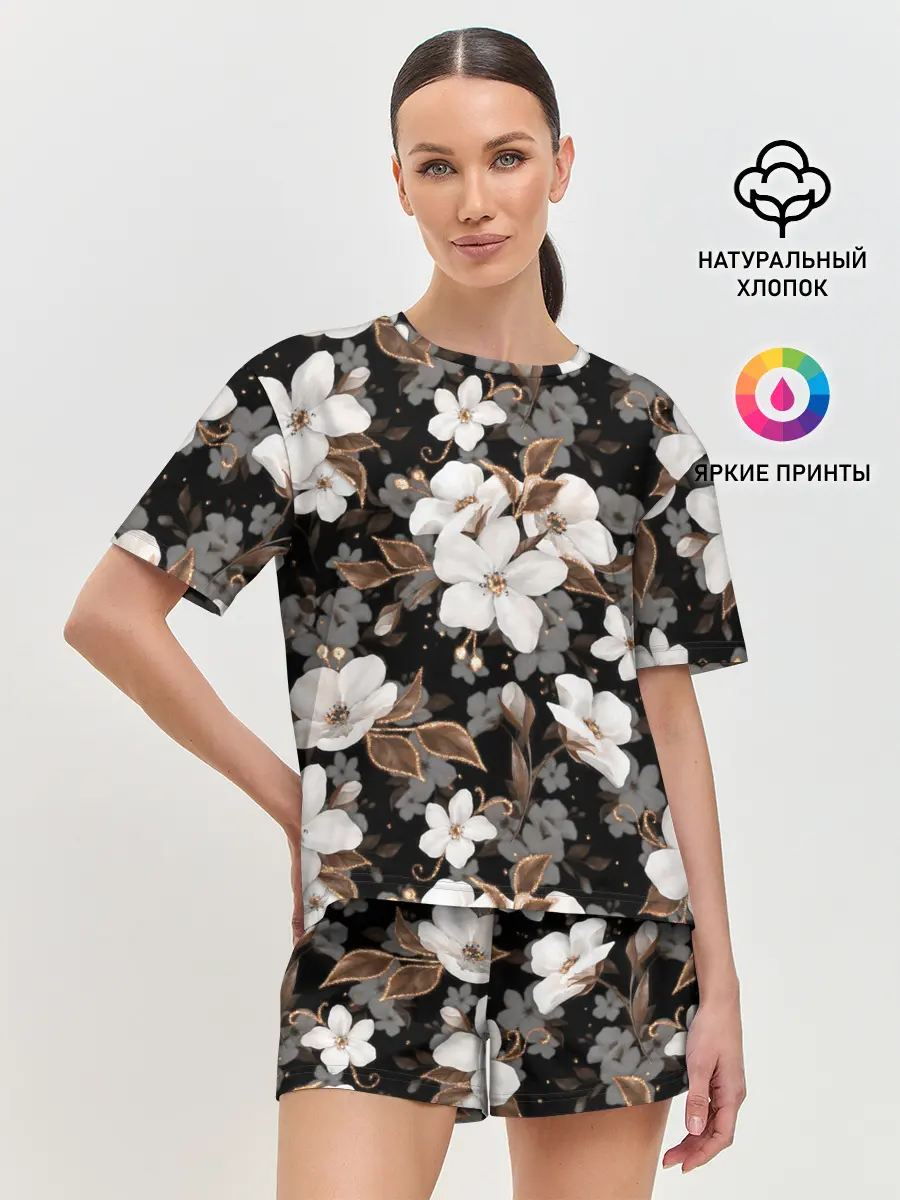 Женская пижама с шортами / Белые цветы