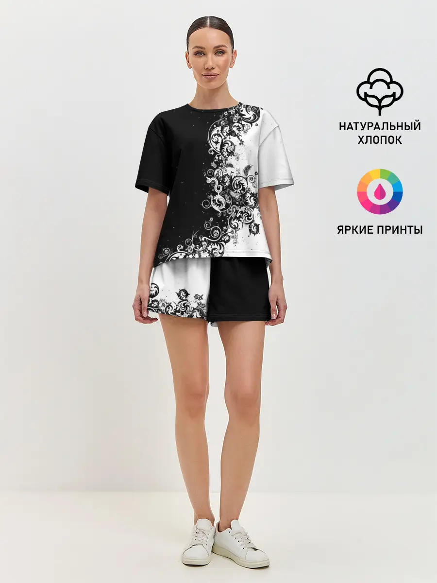 Женская пижама с шортами / Черно-белый узор.