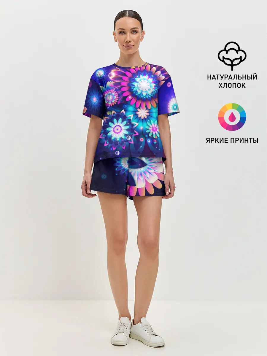 Женская пижама с шортами / Неоновые Цветы