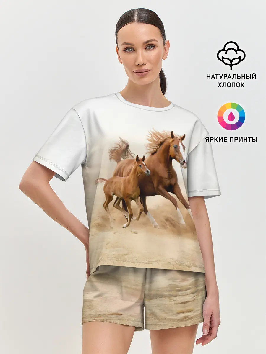 Женская пижама с шортами / Лошадь с жеребенком