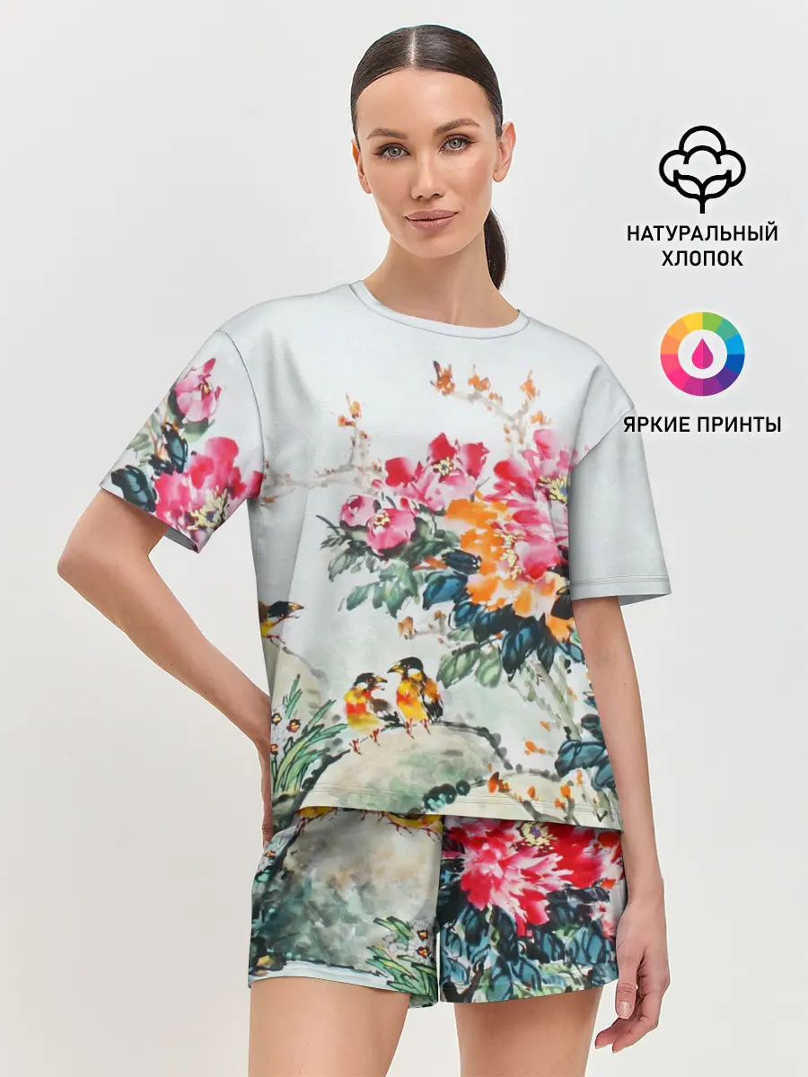 Женская пижама с шортами / Японские цветы