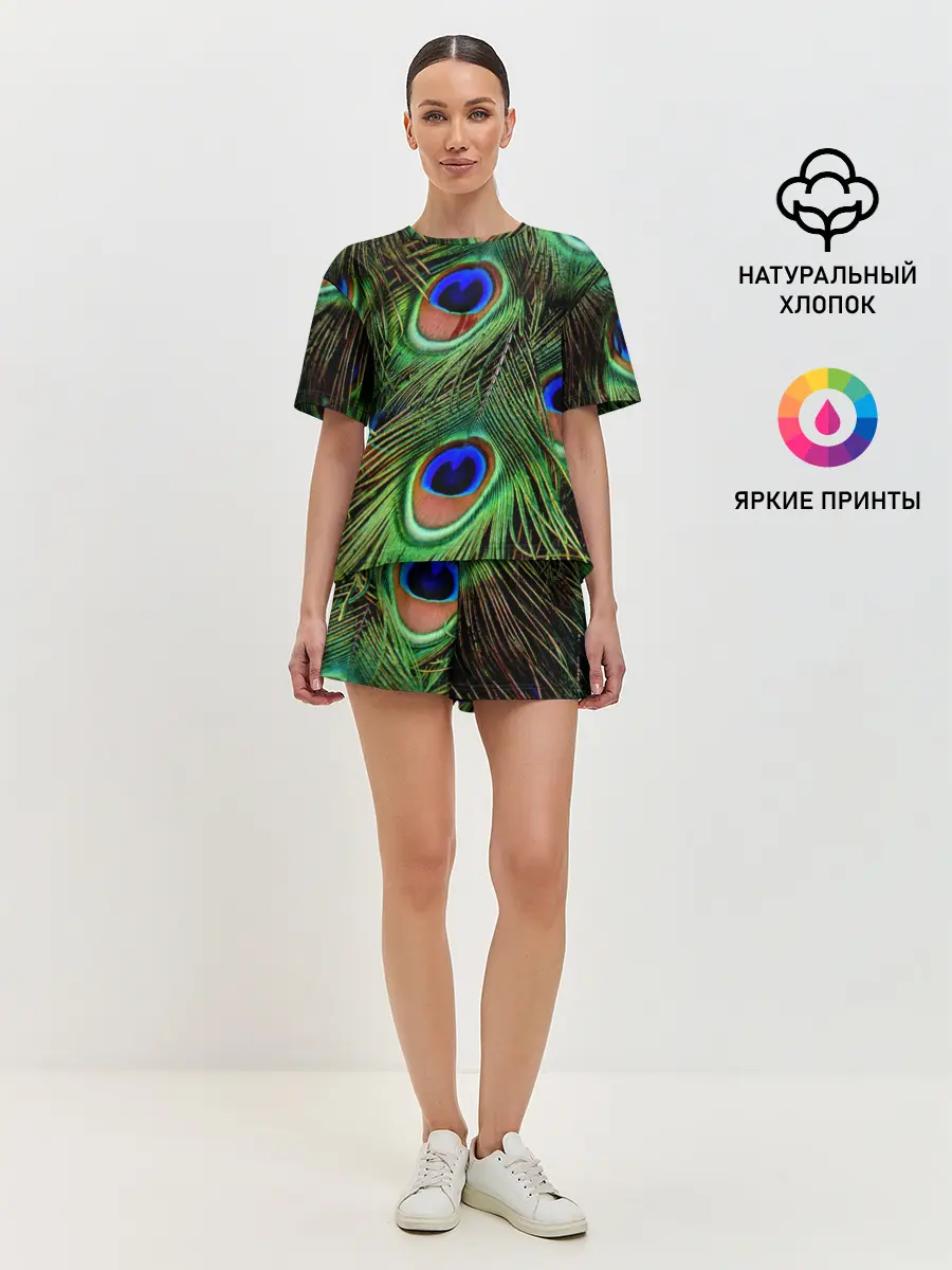 Женская пижама с шортами / Перья павлина #1