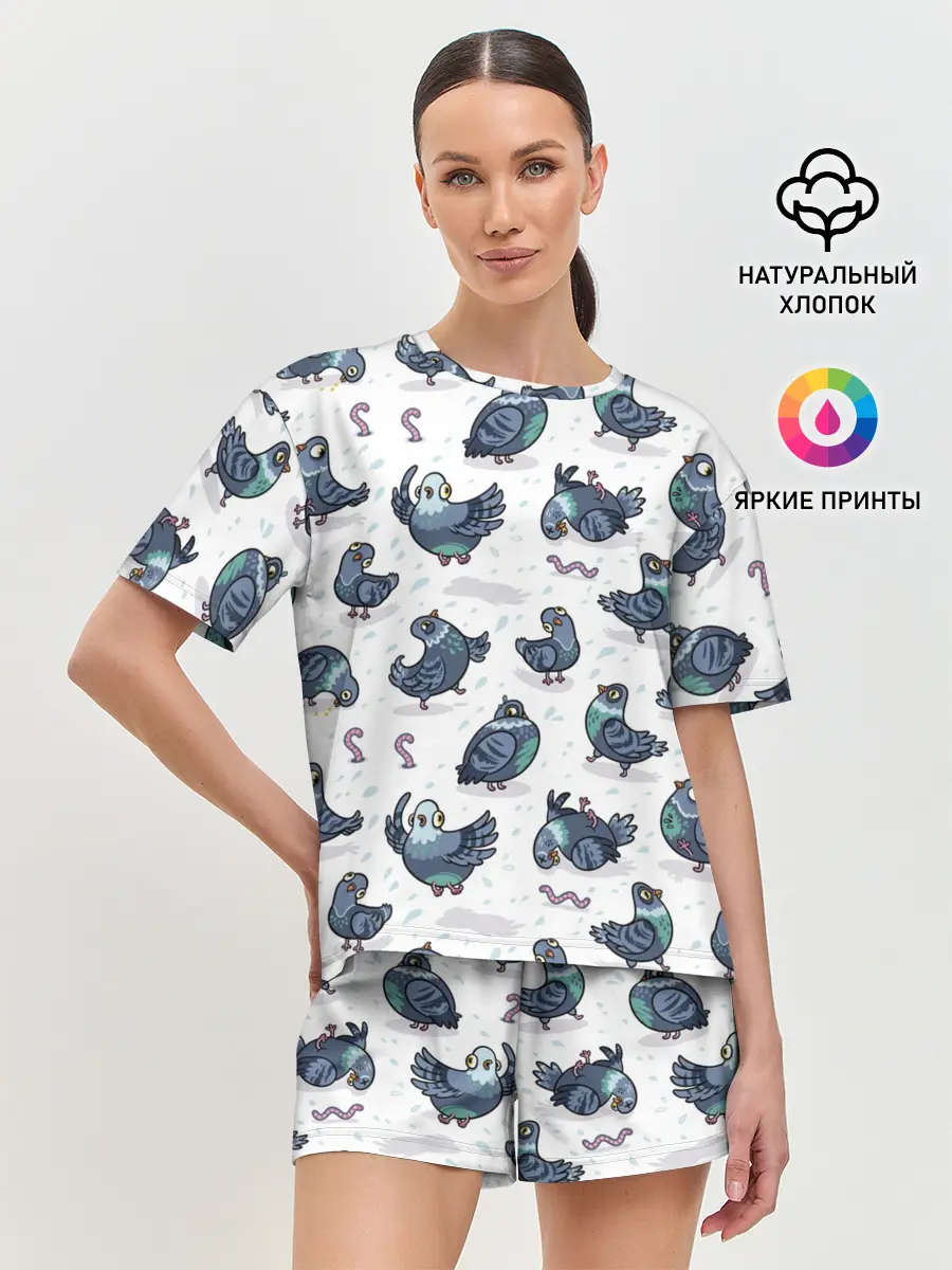 Женская пижама с шортами / Голуби