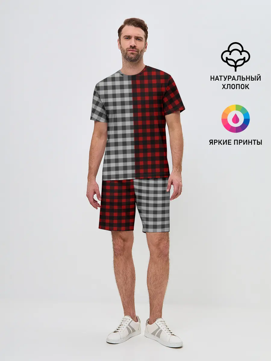 Мужской костюм с шортами / Красно белая рубашка в клетку