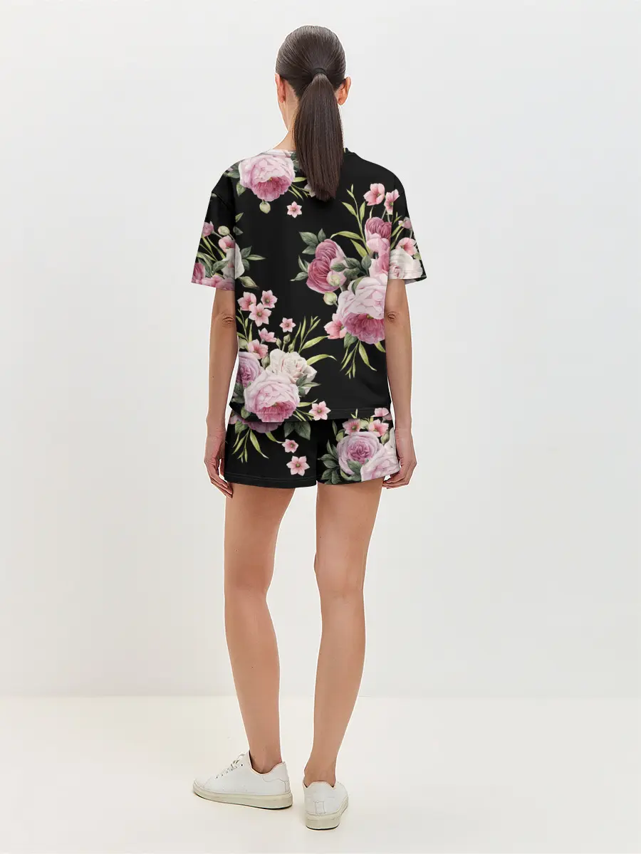 Женская пижама с шортами / Пионы на Чёрном