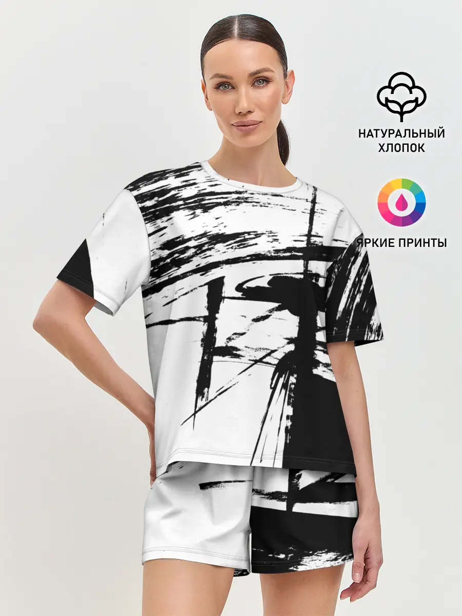 Женская пижама с шортами / Черно-белая футболка