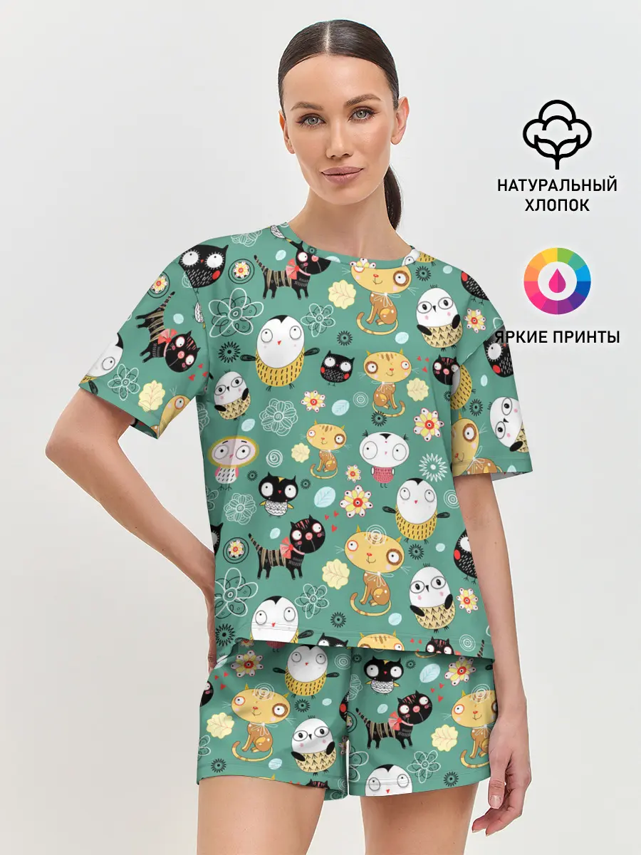 Женская пижама с шортами / Совы и котики