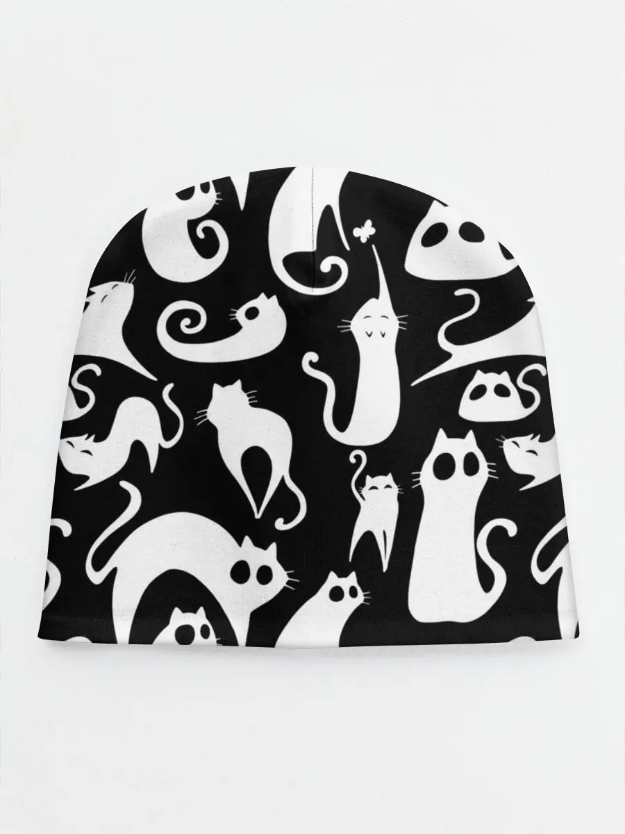 Детская шапка / Белые коты на черном фоне