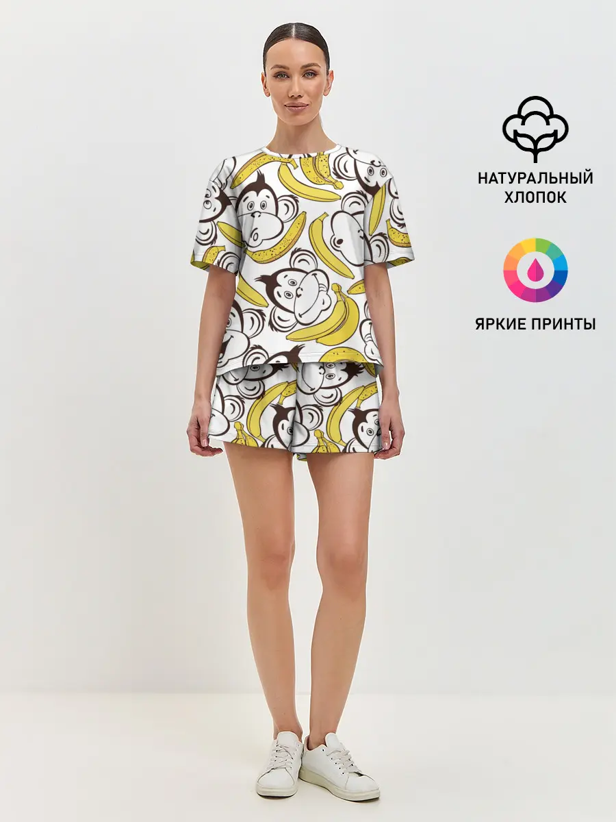 Женская пижама с шортами / Обезьянки и бананы