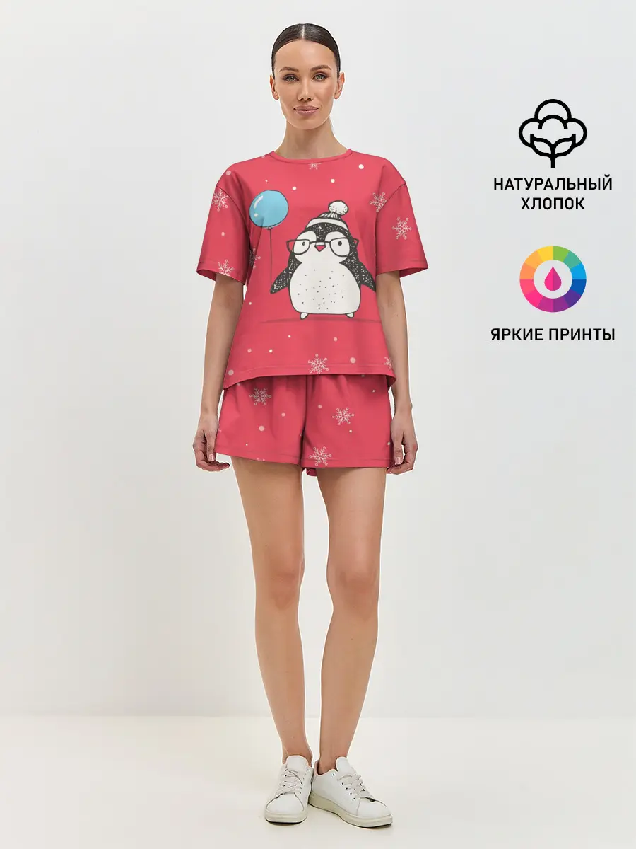 Женская пижама с шортами / Пингвин с шариком