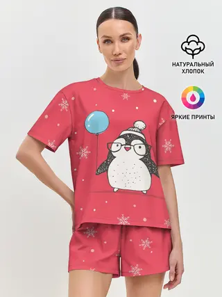 Женская пижама с шортами / Пингвин с шариком