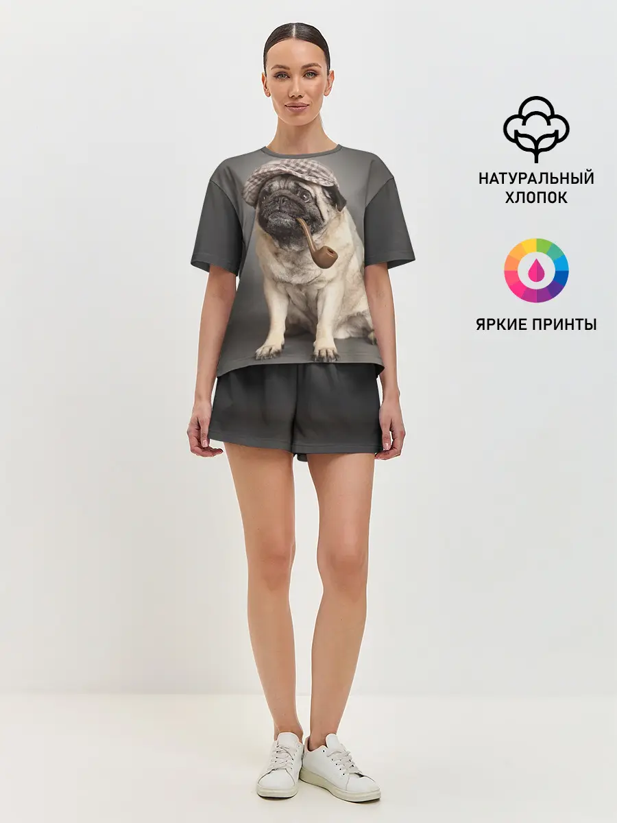 Женская пижама с шортами / Мопс в кепке