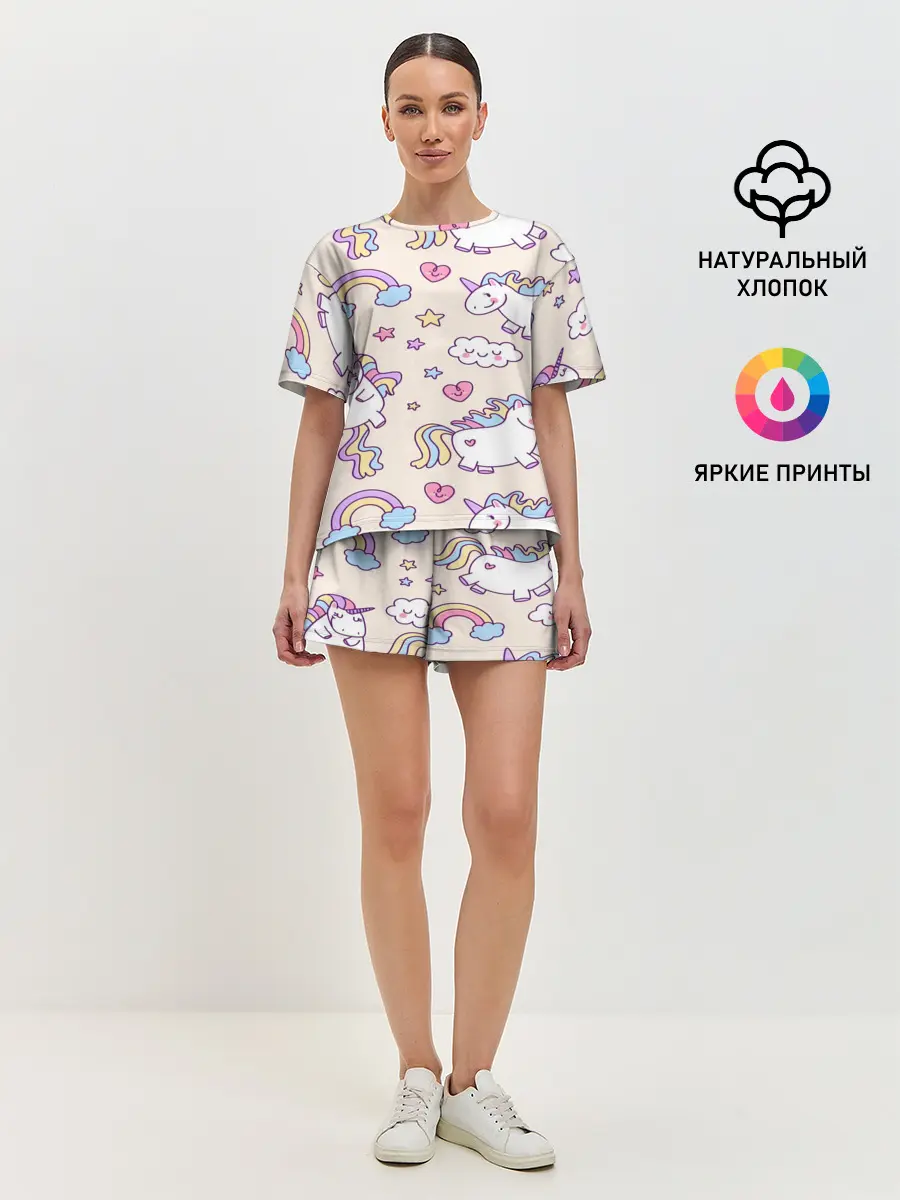Женская пижама с шортами / Радужные Единорожки