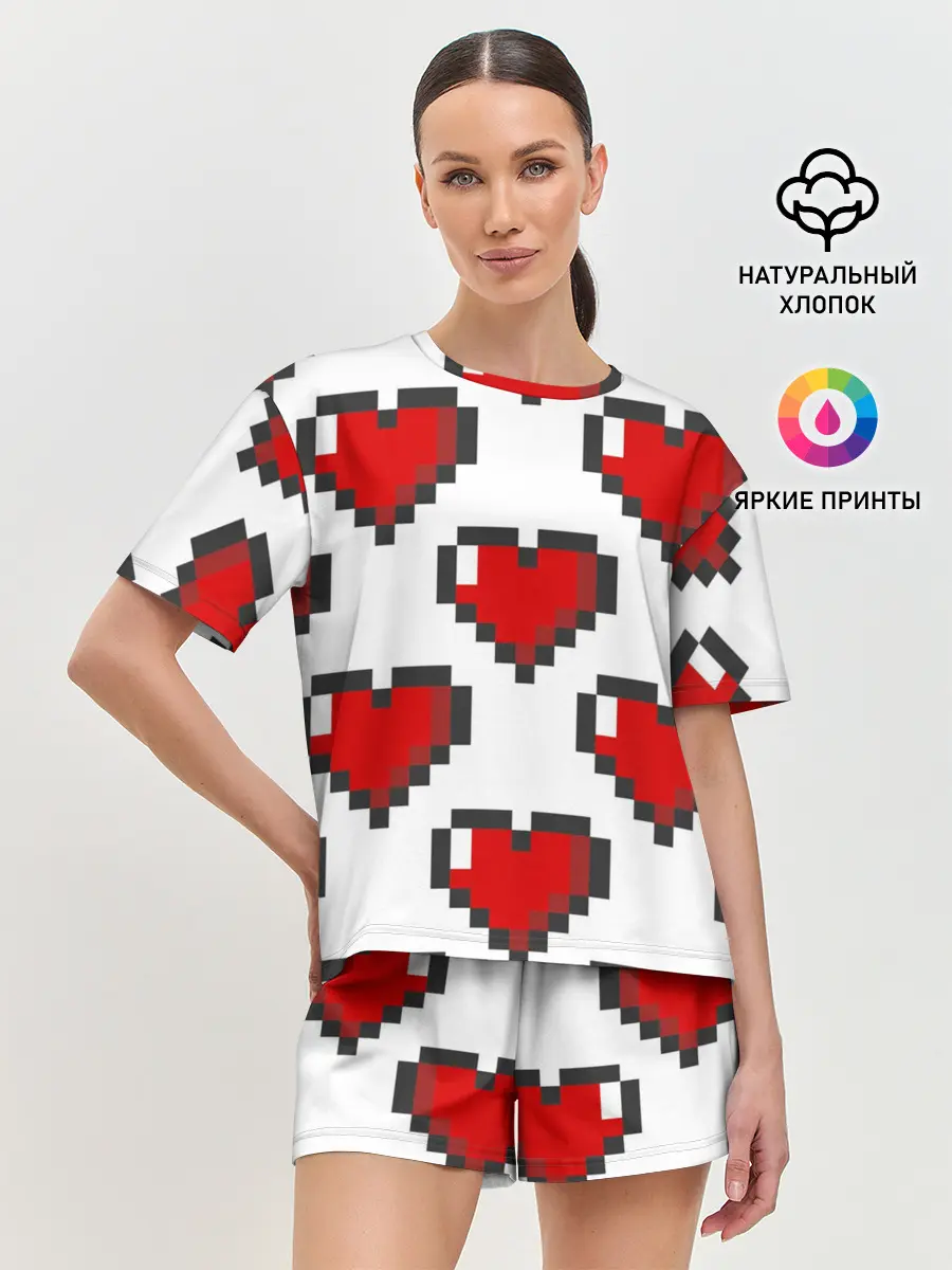 Женская пижама с шортами / Пиксельные сердечки