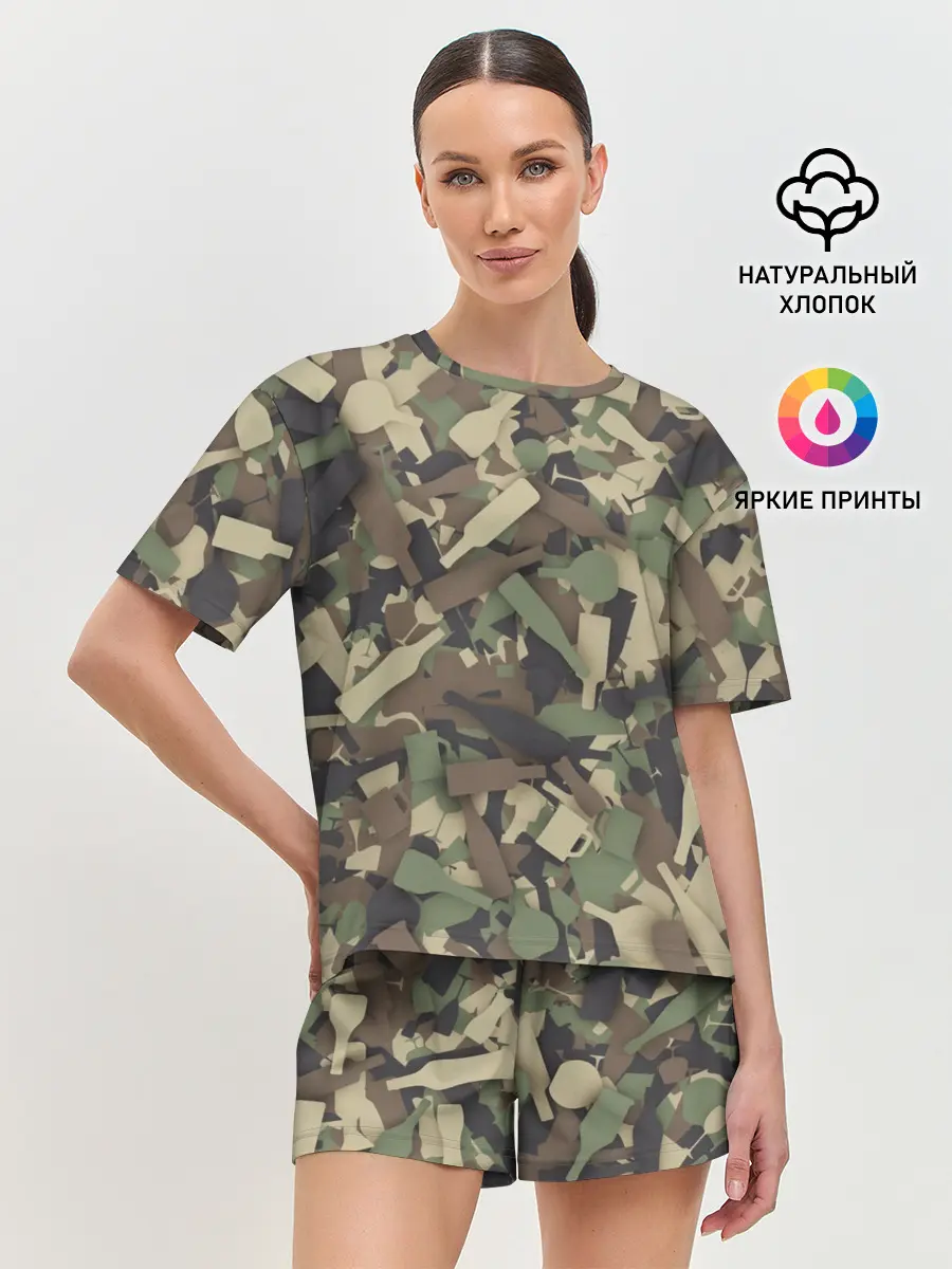 Женская пижама с шортами / Лесной камуфляж с бутылками