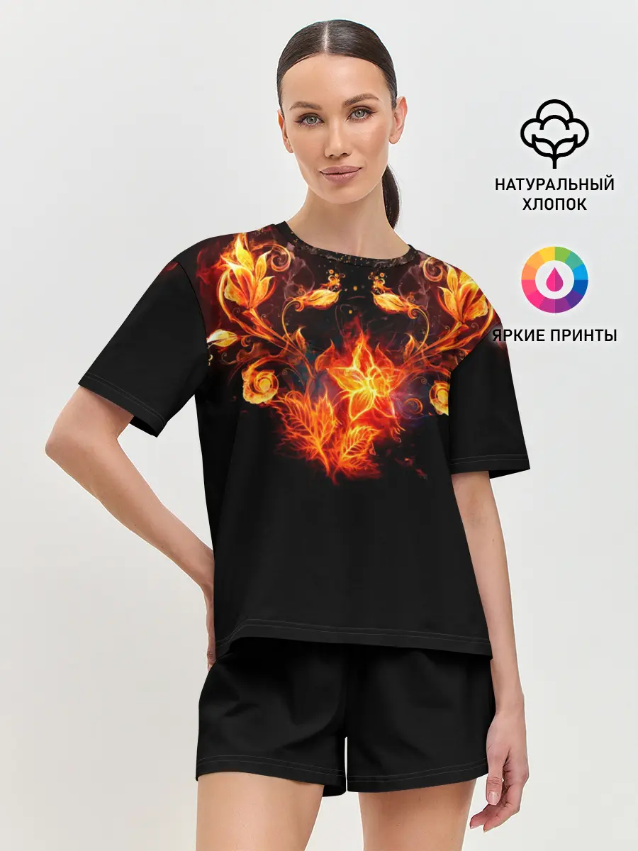 Женская пижама с шортами / Огненные цветы в темноте