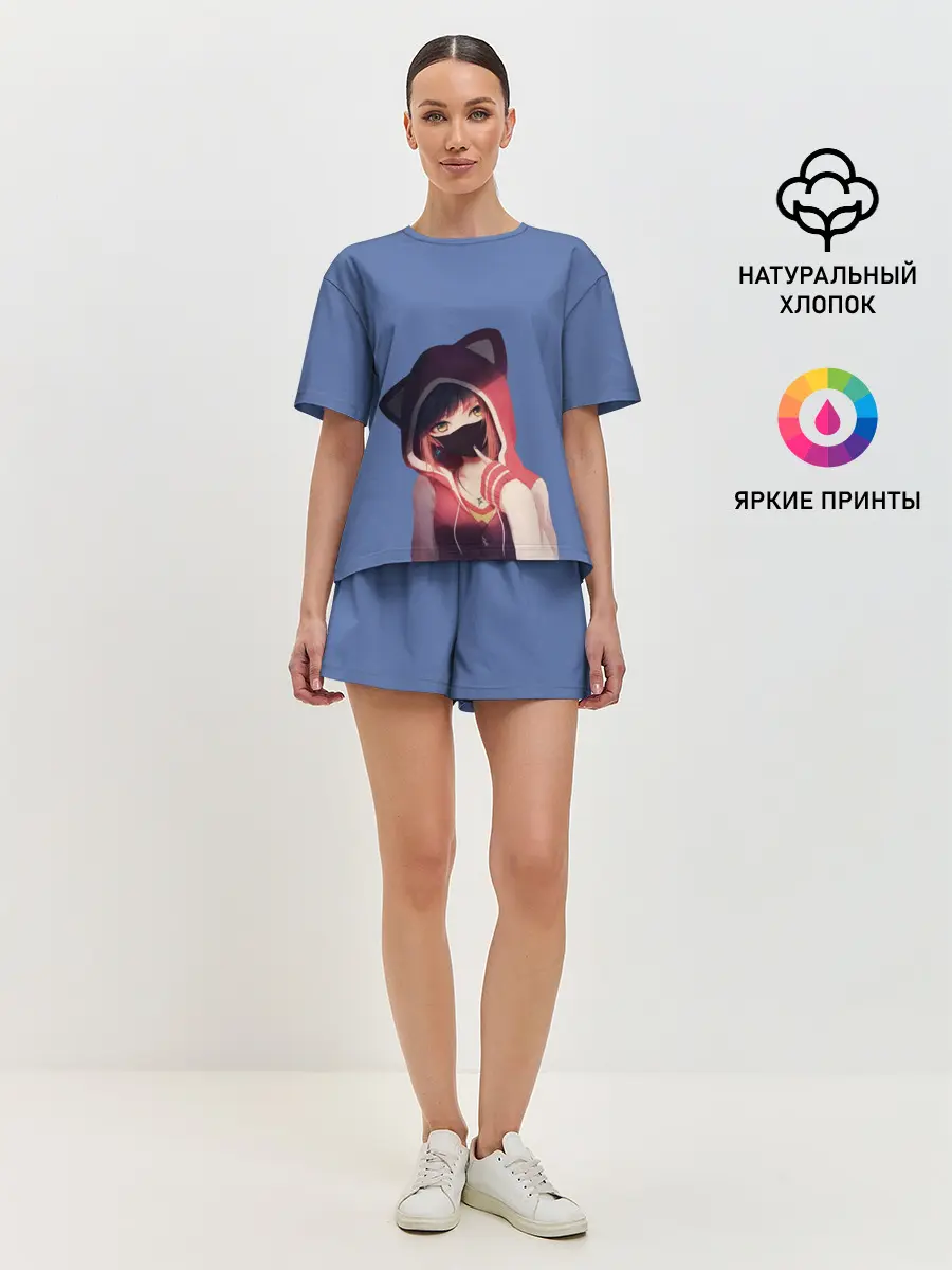 Женская пижама с шортами / Аниме девушка в маске с ушками