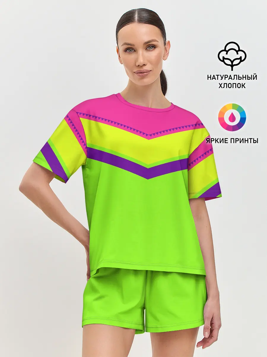 Женская пижама с шортами / Цветные треугольники_ салатовы