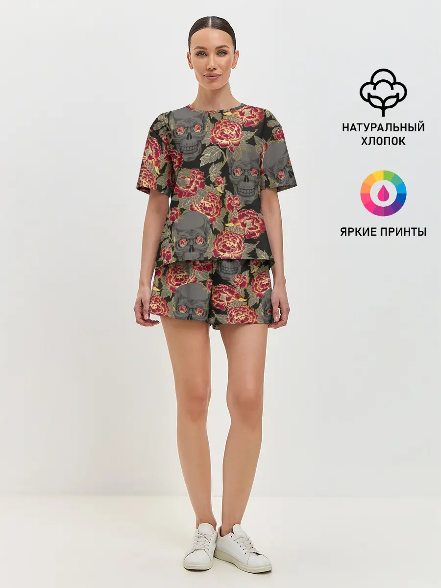 Женская пижама с шортами / Черепа и розы