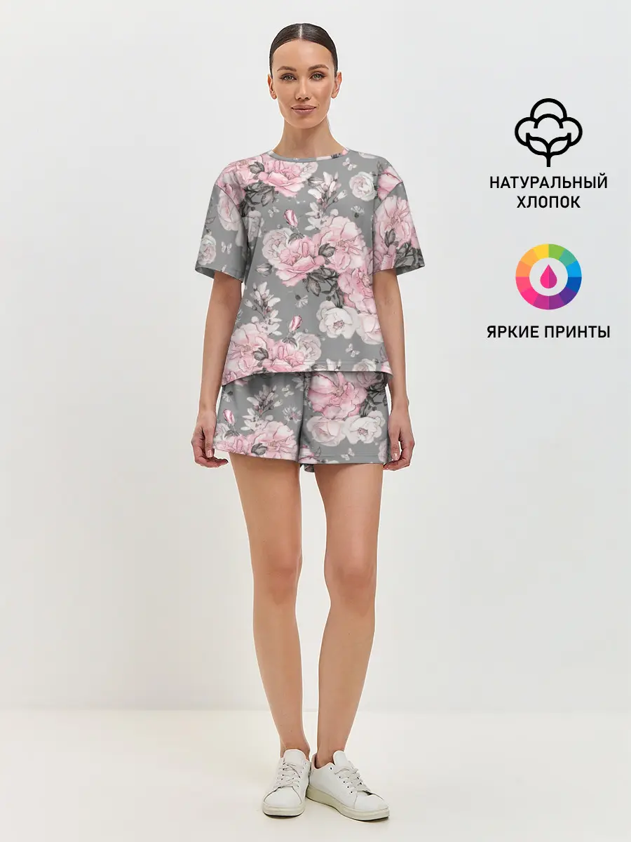 Женская пижама с шортами / Розовые розы