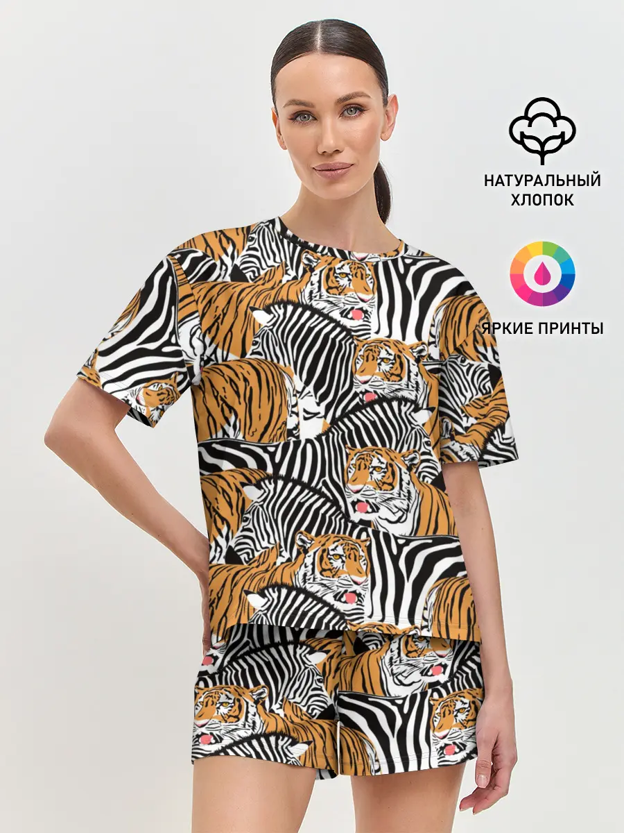 Женская пижама с шортами / Тигры и зебры