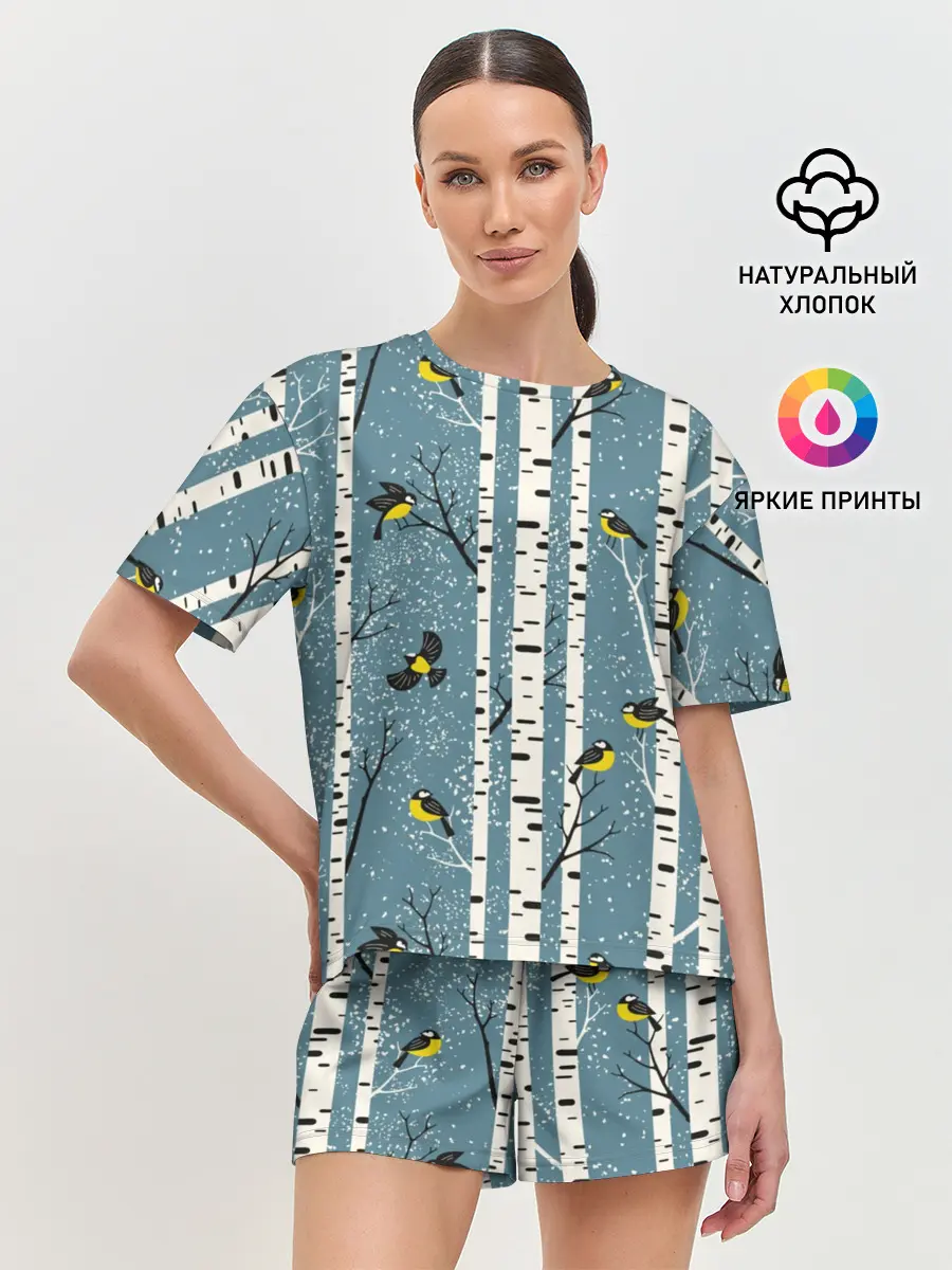 Женская пижама с шортами / Синички на берёзах