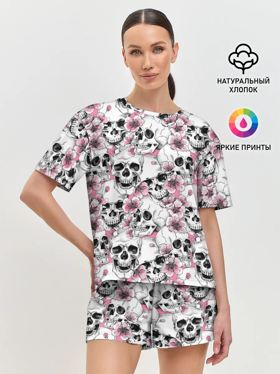 Женская пижама с шортами / Черепа в цветах