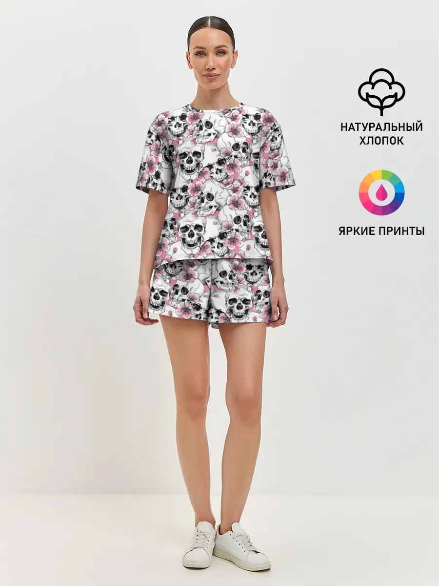 Женская пижама с шортами / Черепа в цветах