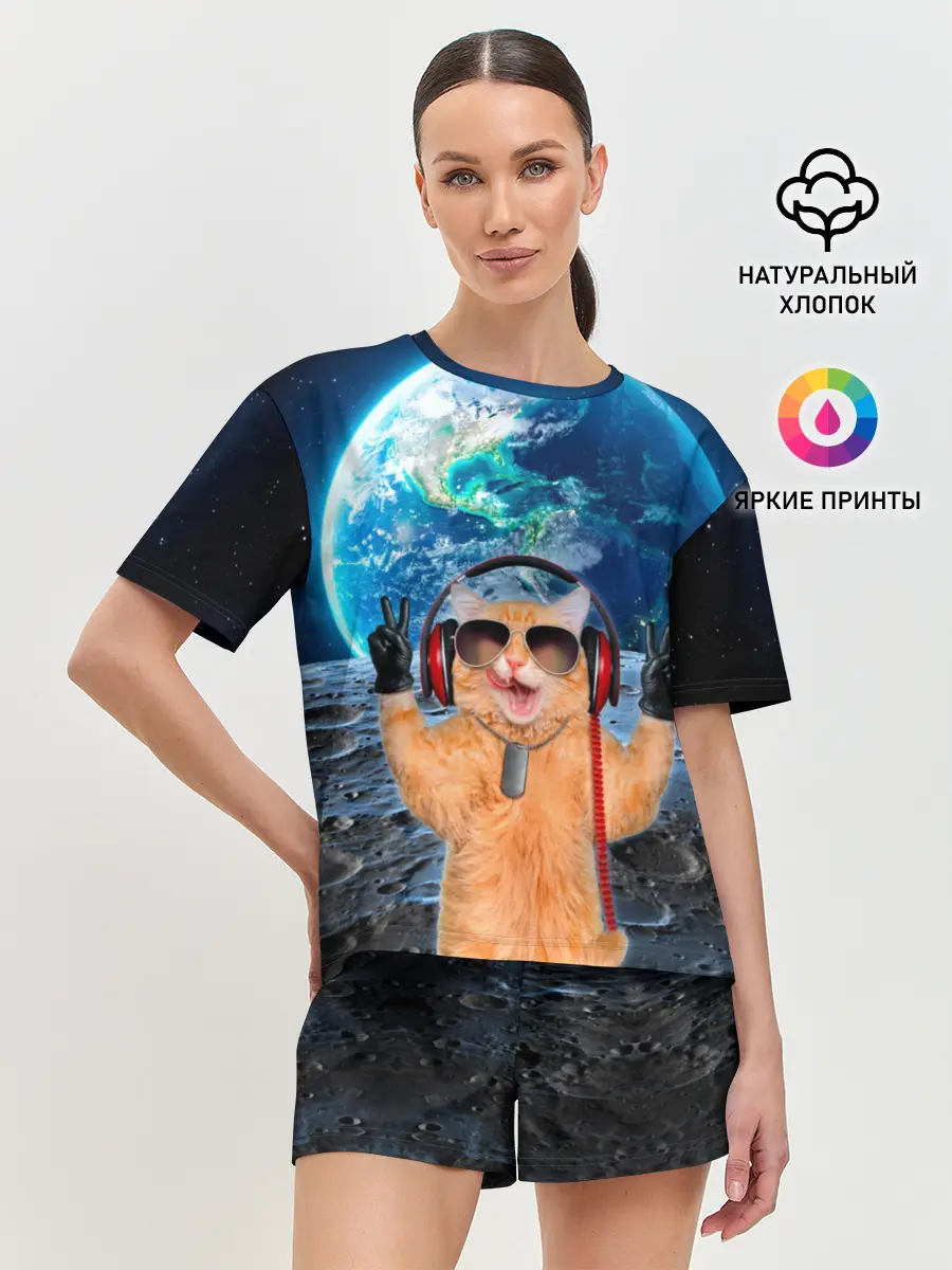 Женская пижама с шортами / Кот на луне