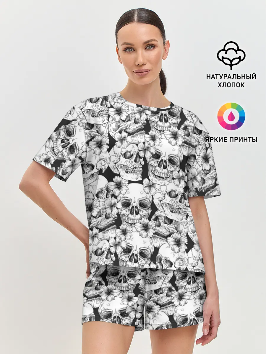 Женская пижама с шортами / Черепа в цветах
