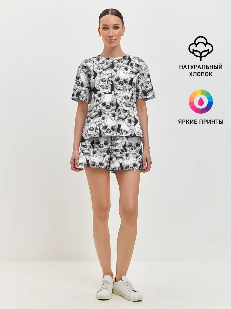 Женская пижама с шортами / Черепа в цветах