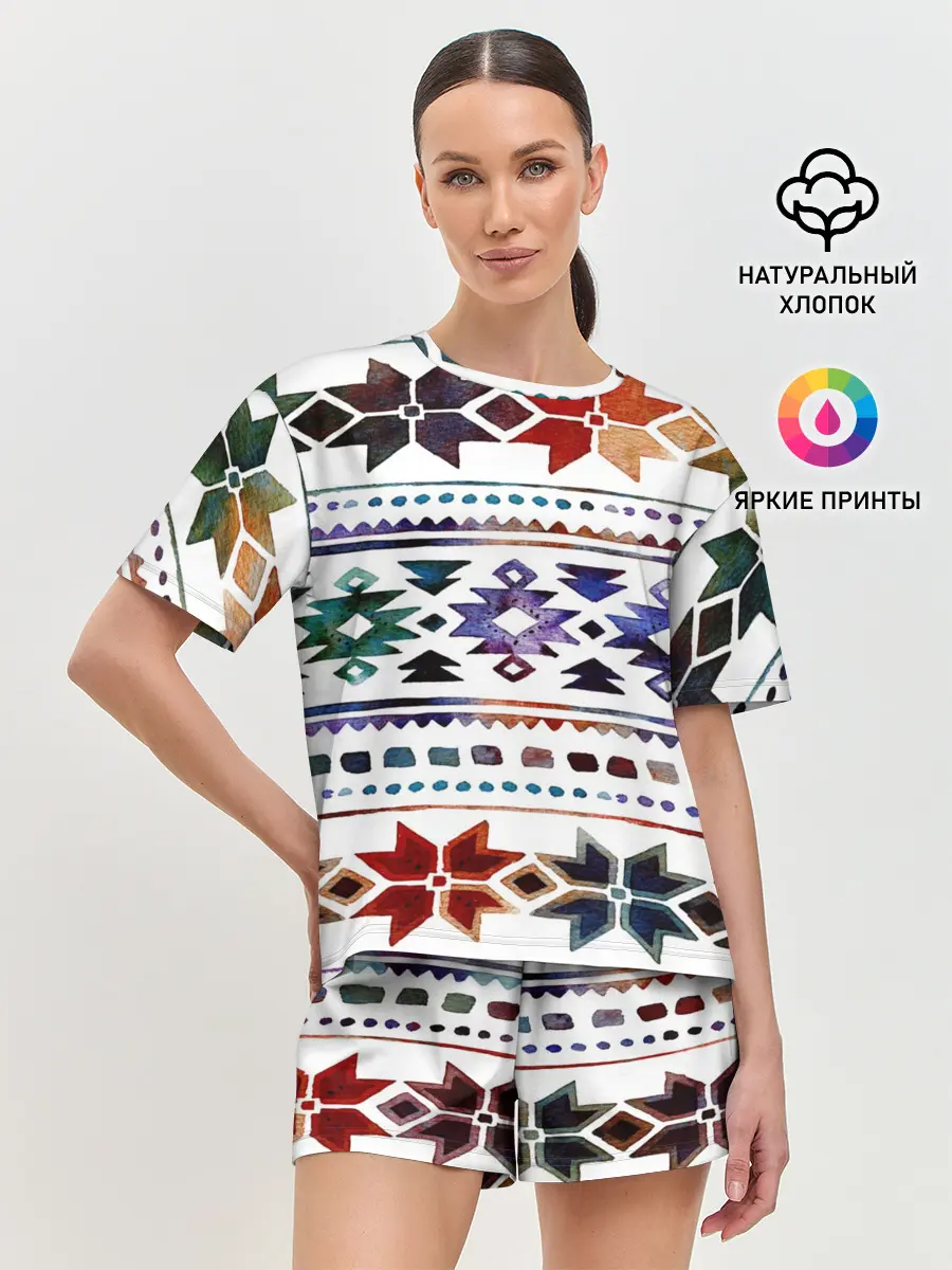 Женская пижама с шортами / Снежинки акварель