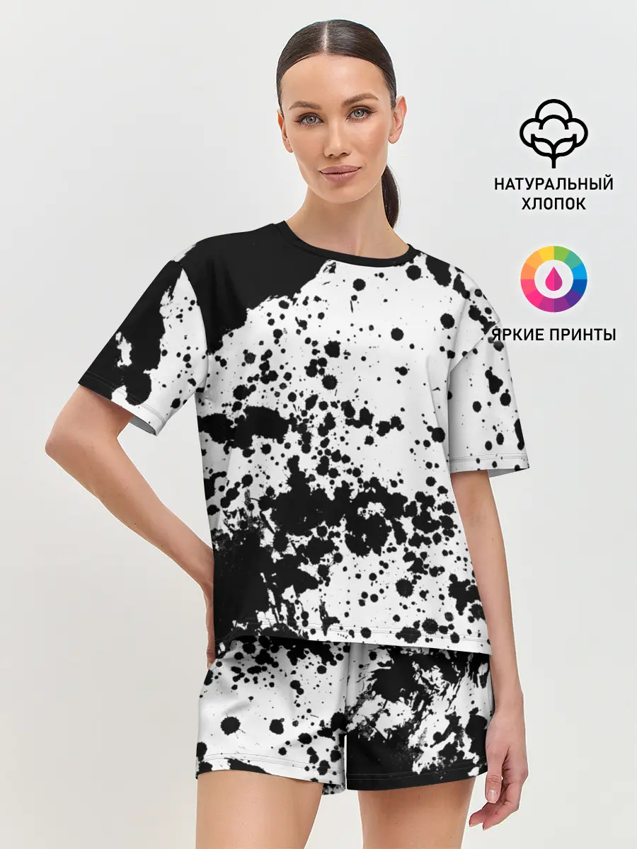 Женская пижама с шортами / Черно-белые капли