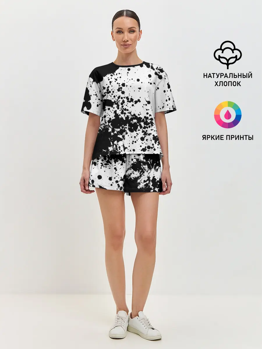 Женская пижама с шортами / Черно-белые капли