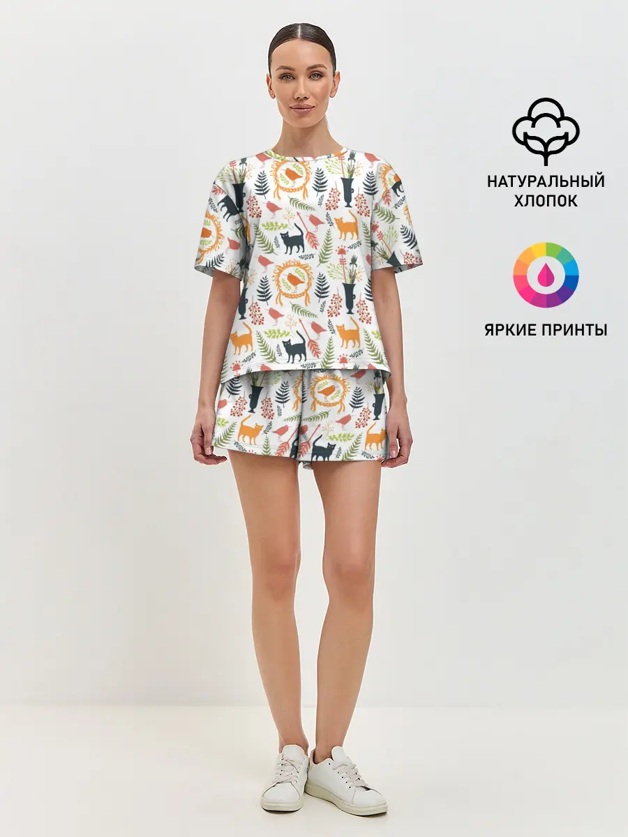 Женская пижама с шортами / О кошках и птичках