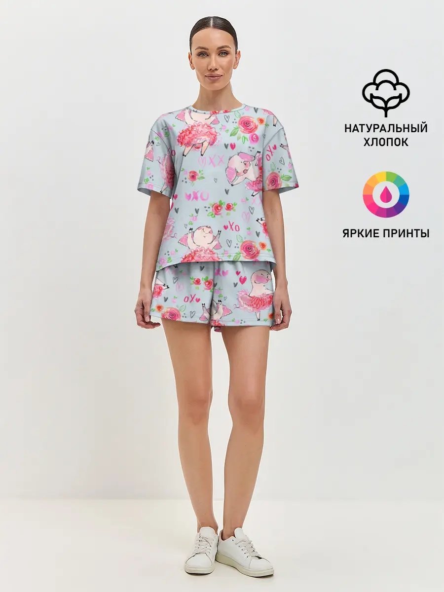 Женская пижама с шортами / Свинки-балеринки