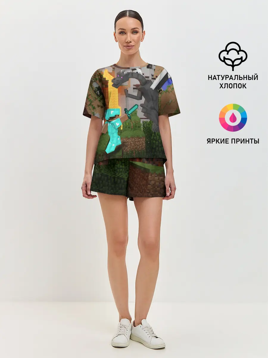 Женская пижама с шортами / Стив сражается с Эндердраконом