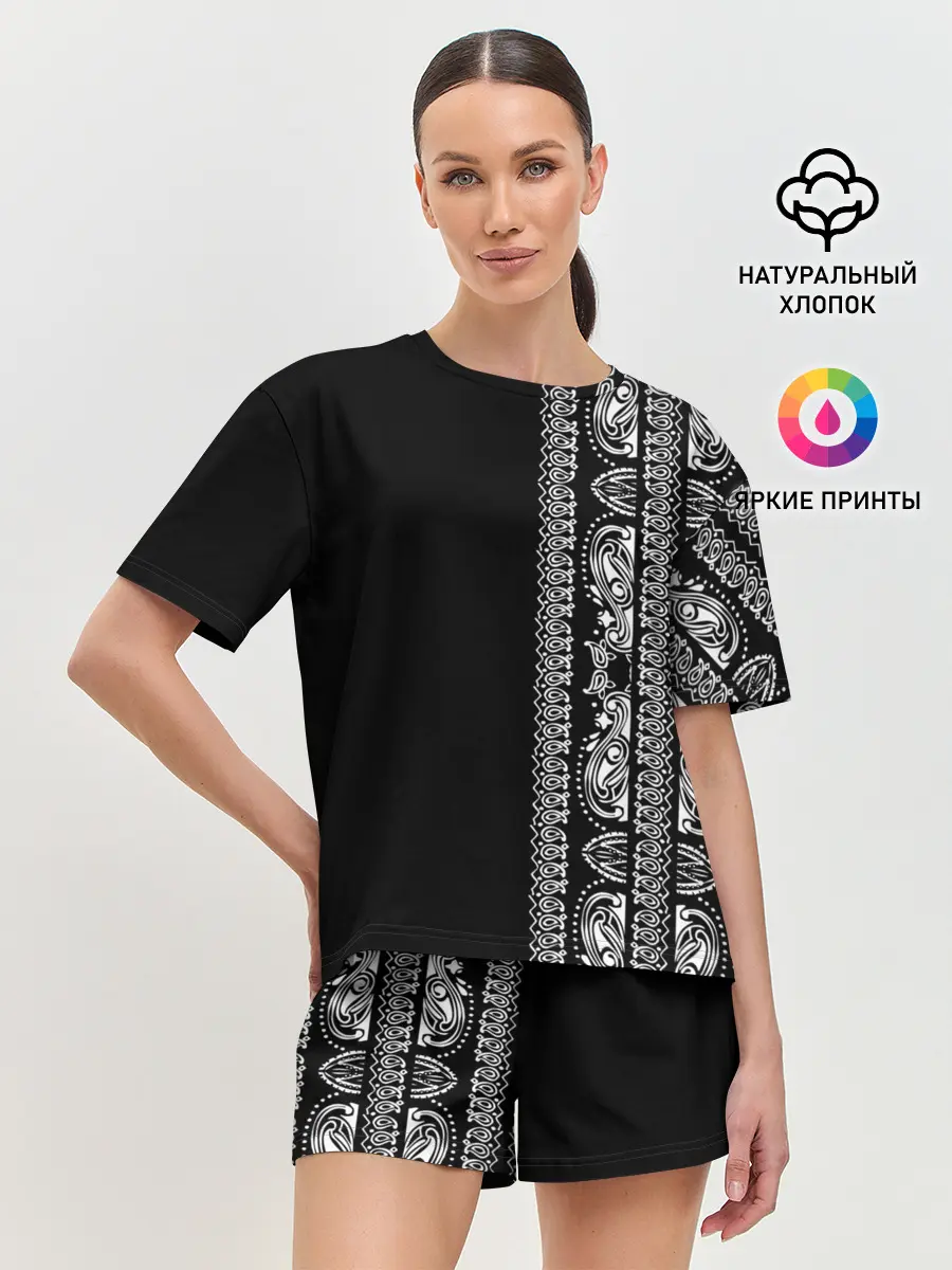 Женская пижама с шортами / Узор на чёрном