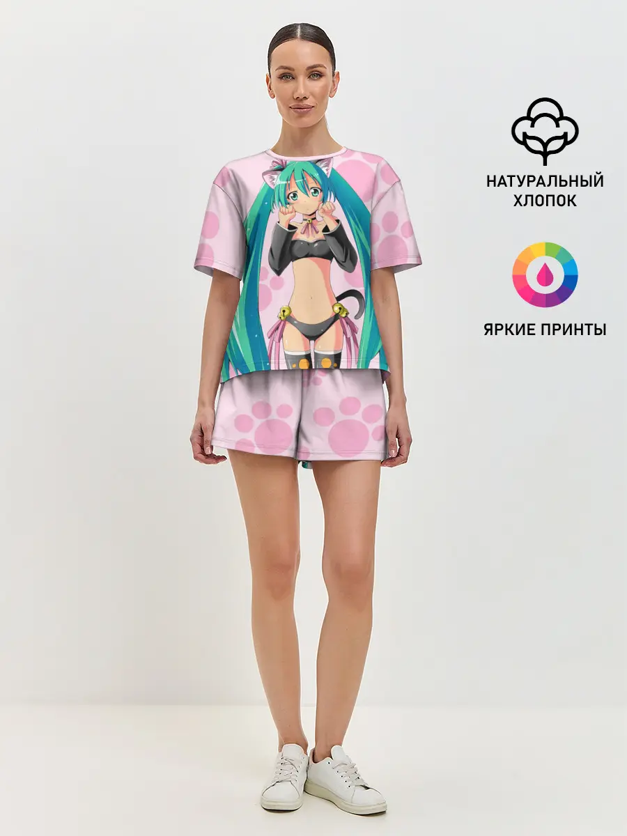 Женская пижама с шортами / Хатсуне Мику на розовом фоне