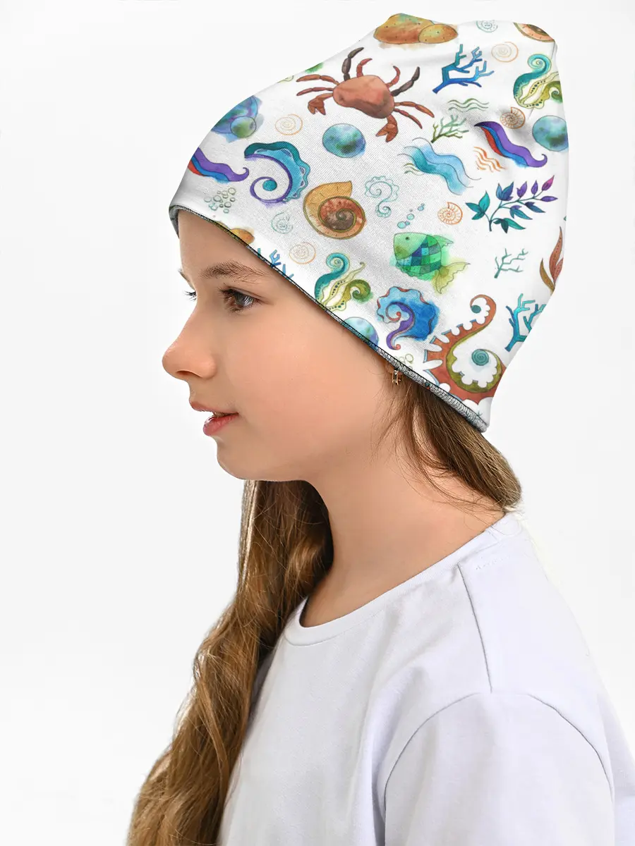 Детская шапка / Морской паттерн с крабами и водорослями